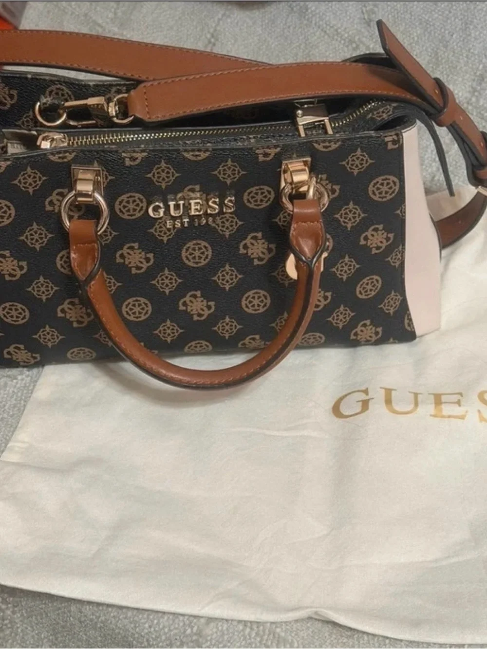 GUESS Brown Logo Monogram Satchel with Cream Panels